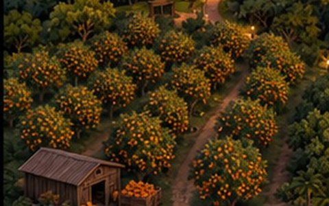 Orangenhain mit Holzschuppen